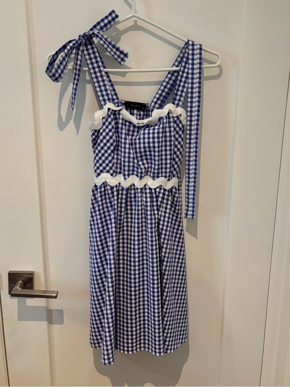 Gingham Tie-Shoulder Mini Dress in Blue and White